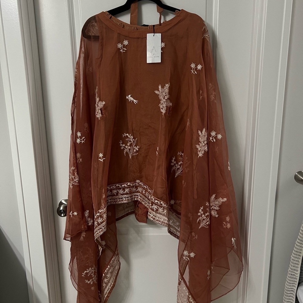 Embroidered Sheer Orange Poncho Pakistani Dress